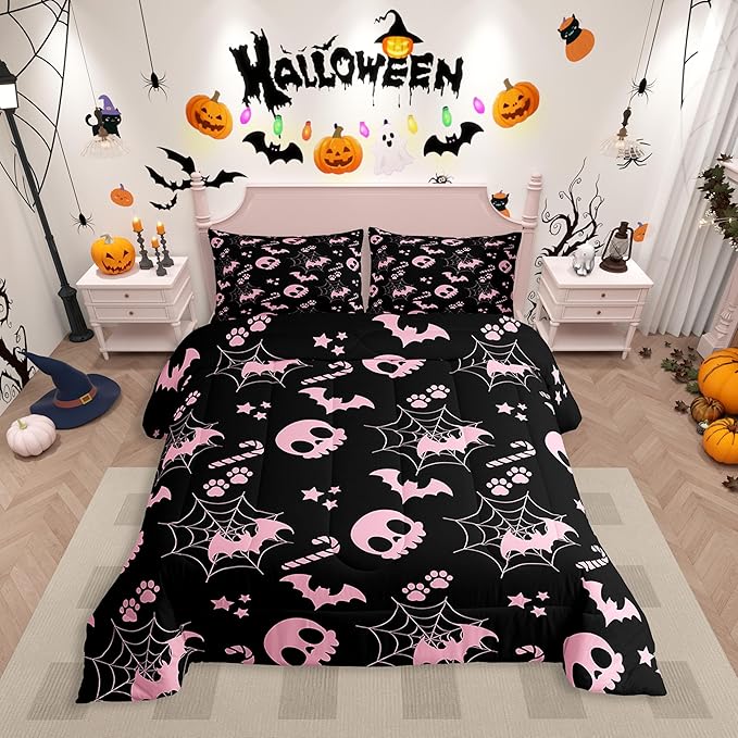 Erosebridal Cute Pink Halloween Twin Bedding Sets Spider Web Skull Bat Comforter Set Spooky Goth Gothic Animal Quilt Duvet Set Horror Halloween Bedding Collections for Kids Teens Adults