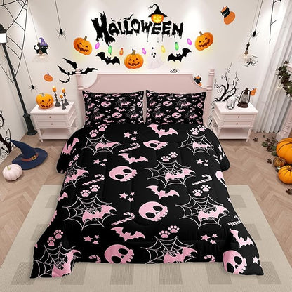 Erosebridal Cute Pink Halloween King Bedding Set Spider Web Skull Bat Comforter Set Spooky Goth Gothic Animal Bed Collections Horror Halloween Duvet Quilt Sets for Kids Teens Adults