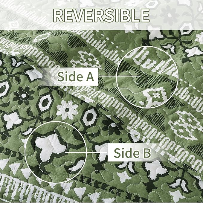 BEDIFANY Quilts Queen Size, Reversible Lightweight Bedspread with Boho Geometry Printed, Bed Spread Coverlet Sets for Bed Decoration, All-Season Queen Quilt Bedding Set (90 * 98 in), 3 Pieces - Green