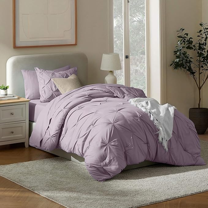 Nestl Twin Comforter Set 5 Piece - Pintuck Twin Bedding Set Grayish Purple, College Dorm Essentials for Girls and Boys Bed in a Bag Twin All Season, Twin Comforter Set with Sheets, Pillowcase and Sham