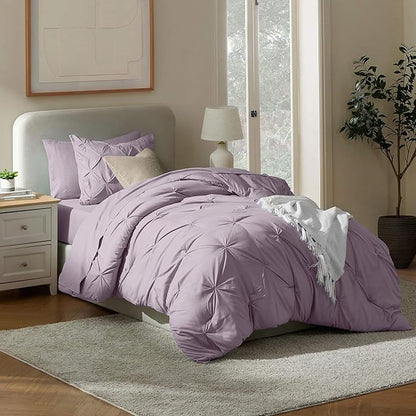 Nestl Twin Comforter Set 5 Piece - Pintuck Twin Bedding Set Grayish Purple, College Dorm Essentials for Girls and Boys Bed in a Bag Twin All Season, Twin Comforter Set with Sheets, Pillowcase and Sham