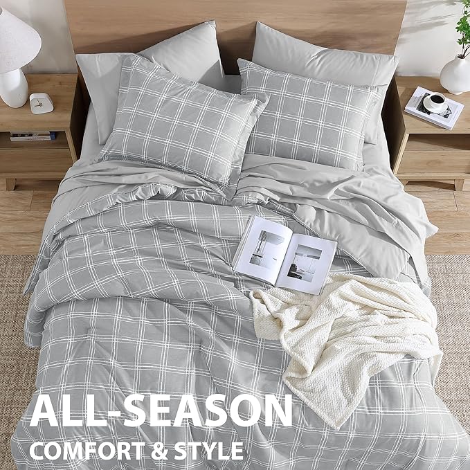 Cathay Home Basic Bedding Home Essential Ultra Soft Lightweight 7PC Wrinkle Resistant Microfiber Bed in a Bag Set (Includes Complete Sheet Set & Comforter Set) - Grey Plaid, Queen