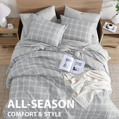 Cathay Home Basic Bedding Home Essential Ultra Soft Lightweight 5PC Wrinkle Resistant Microfiber Bed in a Bag Set (Includes Complete Sheet Set & Comforter Set) - Grey Plaid, Twin