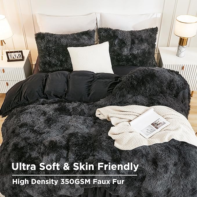 Andency Faux Fur Tie-Dyed Black Grey Comforter for Queen Size Bed, 3 Pieces Fluffy Fuzzy Plush Bedding Set (1 Shaggy Velvet Comforter & 2 Pillowcases), Soft Puffy Down Bedding Set