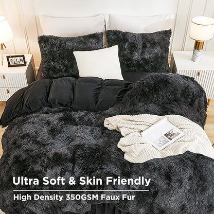 Andency Faux Fur Tie-Dyed Black Grey Comforter for Queen Size Bed, 3 Pieces Fluffy Fuzzy Plush Bedding Set (1 Shaggy Velvet Comforter & 2 Pillowcases), Soft Puffy Down Bedding Set
