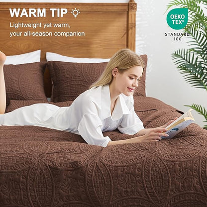 Love's cabin Quilts for Full Bed Brown Bedspreads Bedding Set - Lightweight Bedspread Comforter - Coin Pattern Bedding Coverlet for All Season - 3 Pieces (1 Quilt, 2 Pillow Shams)