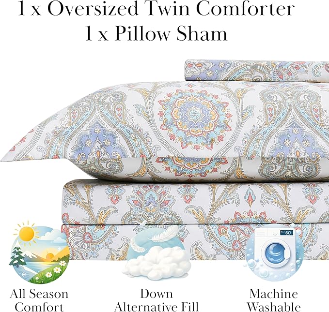 Southshore Fine Living, Inc. Boho Paisley Collection - Twin XL Comforter Set, Dorm Premium Bedding, All-Season Down Alternative Lightweight, Cuddly Oversized 2-Piece Soft Comforter Set, Twin/XL, Aqua