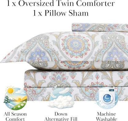 Southshore Fine Living, Inc. Boho Paisley Collection - Twin XL Comforter Set, Dorm Premium Bedding, All-Season Down Alternative Lightweight, Cuddly Oversized 2-Piece Soft Comforter Set, Twin/XL, Aqua