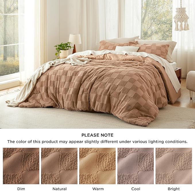 Bedsure King Size Comforter Set Taupe, Boho Tufted Bed Set, Checkered Farmhouse Shabby Chic Bedding, 3 Pieces, 1 Plaid Geometric Comforter and 2 Pillow Shams