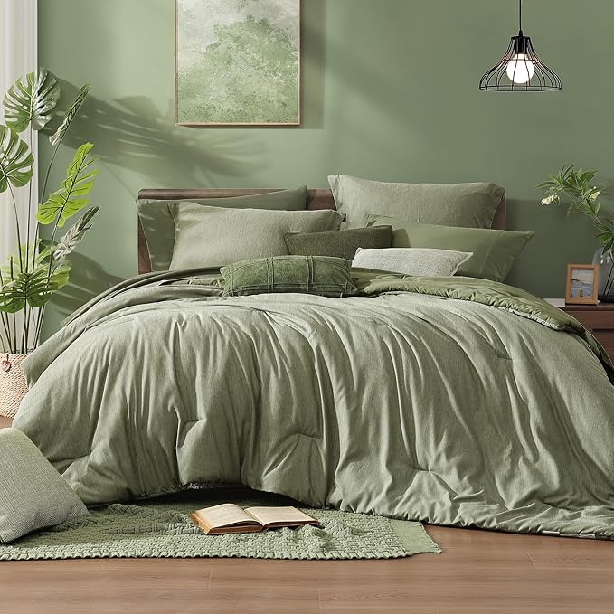 Monbix California King Comforter Set - 7 Pieces Cationic Dyeing Sage Green Bed in a Bag Cal King Bed Sets with Comforter, Sheets, Pillowcases & Shams, Reversible Bedding Comforters Sets