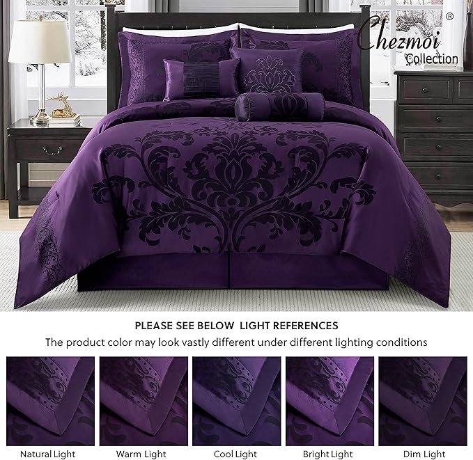 Chezmoi Collection Royale 7-Piece Jacquard Floral Comforter Set, Oversized Queen, Purple/Dark Purple