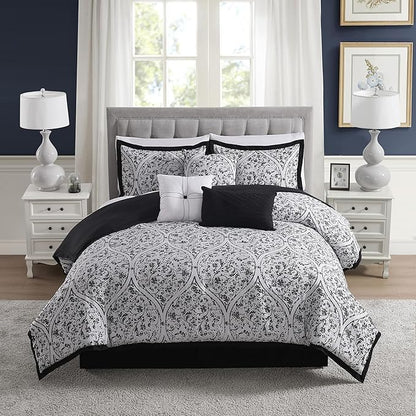 King Size Comforter Set - Soft & Breathable 7-Piece Bedding Collection - 1 Comforter, 2 Pillow Shams, 1 Bed Skirt & 3 Decorative Accent Pillows - Premium Quality, King, Black/White Damask