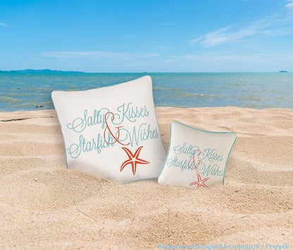 C&F Home Salty Kisses Starfish Wishes Embroidered Cotton Accent Throw Pillow 18" x 18" All Seasons Summer Beach House Inspirational Quote Coastal Home Living Room Sofa Couch Chair Bed Bedroom Decor