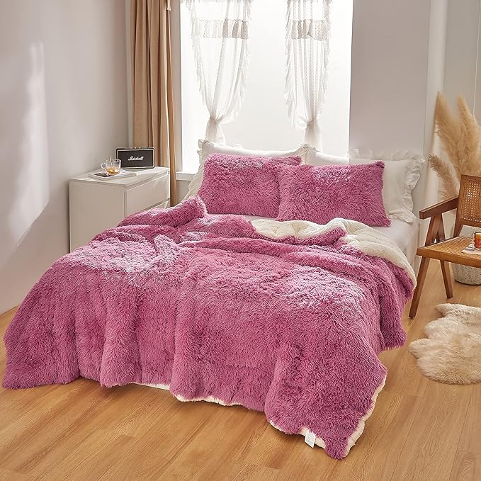 Purple Pink Faux Fur Comforter Set Queen 3 Pieces - 1 Shaggy Comforter 88*88 with 2 Pillowcases - Ultra Soft and Easy Care Luxury Plush Warm Winter fluffy Fleece Duvet Set for Cold Winter