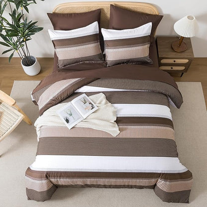 Andency King Size Comforter Set Brown - 7 Pieces Striped Lightweight Bed in a Bag, Soft Microfiber Reversible Bedding Set with Comforter, Fitted & Flat Sheet, Pillowcases & Shams