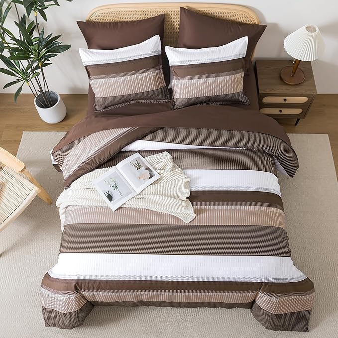 Andency California King Comforter Set Brown - 7 Pieces Striped Lightweight Bed in a Bag, Soft Microfiber Reversible Bedding Set with Comforter, Fitted & Flat Sheet, Pillowcases & Shams
