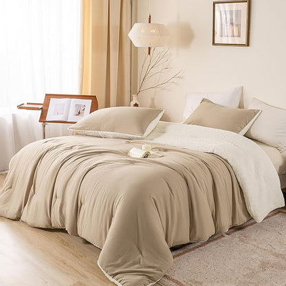 Warm Ultra-Soft Sherpa Queen Down Comforter with Pillow Case - Beige and White Luxurious Reversible, Full/Queen Size Fleece Bedding Set Fluffy Surface for Cozy Autumn Winter