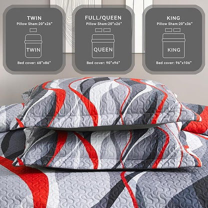 weesire Classic Line Pattern Bedding Quilt Twin Size Modern Grey Red and Black Stripe Quilt with Shams, Gray and Red Comforter Sets Lightweight Breathable Bedspreads Coverlet, 68''x86''