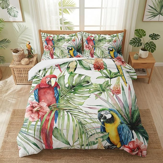 Queen Size Comforter Set with 2 Pillowcases, Tropical Hibiscus Birds 3 Pcs Bedding for Kids and Adults, Flower Palm Leaf Soft Comforter Set for Bedroom Bed Decor