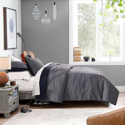 Wonderful Denim Navy Comforter Set King Size, Yarn Dyed Farmhouse Striped Linen Blended Lightweight Comforter with Pillow Shams, Blue Gray Fluffy Cabin Bedding Set for All Season