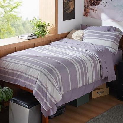 Bedsure Twin XL Comforter Set 5 Pieces, Purple Striped Bedding Set for All Seasons, Reversible, Cationic Dyeing Bed in a Bag with Comforter, Sheets, Pillowcase & Sham