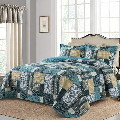BEDIFANY Cotton California King Size Quilt Set, Lightweight Bedspread Oversized King Coverlet, Soft Farmhouse Quilt Bedding Sets for Bed Decorations for All Seasons (3 Pieces, Blue)