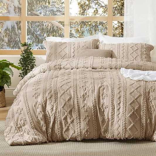 Bedsure Tufted Boho Comforter Set Full Size - Khaki Boho Bed Set, GentleSoft™ 3 Pieces Farmhouse Shabby Chic Embroidery Bedding, Gifts for Woman, Soft Jacquard Full Comforter for All Seasons