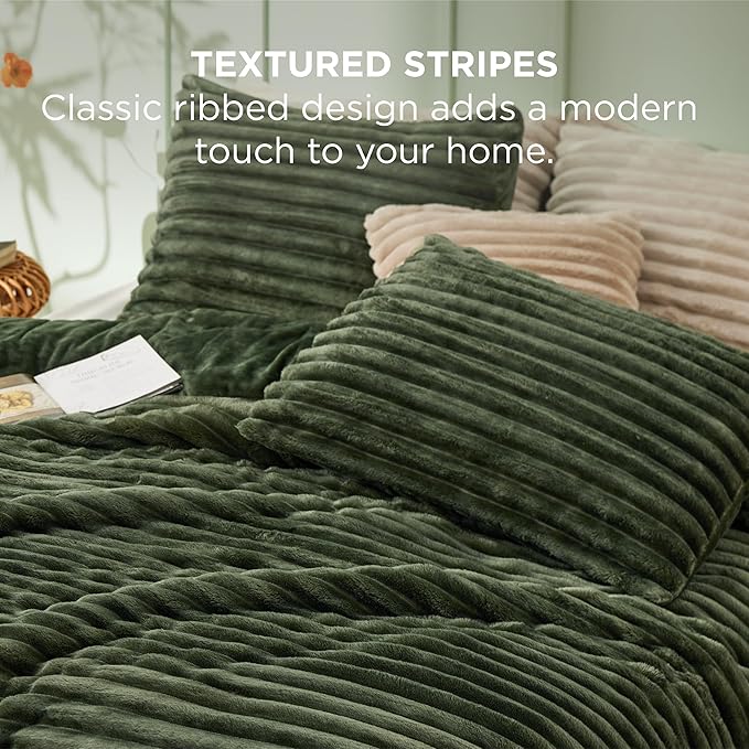 Bedsure California King Comforter - GentleSoft™ 3 Pieces Double-Side Fleece Comforter Set, Cozy Striped Room Decor Aesthetic, Luxury Olive Green Cal King Bedding with 2 Pillowcases, 104x96 Inches