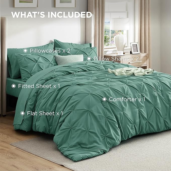Bedsure Queen Comforter Set Graysih Green - Bed in a Bag Queen Size Bedding 7 Pieces, GentleSoft™ Pintuck Bed Set Gift for Family, Pinch Pleat All Season Comforter with Sheets, Pillowcases & Shams