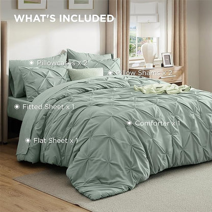 Bedsure Queen Comforter Set Sage Green - Bed in a Bag Queen Size Bedding 7 Pieces, GentleSoft™ Pintuck Bed Set Gift for Family, Pinch Pleat All Season Comforter with Sheets, Pillowcases & Shams