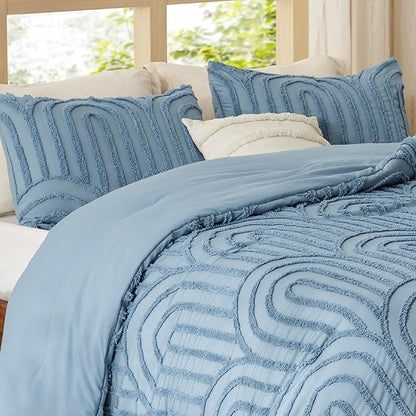 Bedsure Boho Tufted Blue Comforter King Size, GentleSoft™ 3 Pieces Boho Farmhouse Decor Bedding, Arch Shabby Chic Bedding for All Seasons, 1 Bed Comforter, 2 Pillow Shams, 104x90 Inches