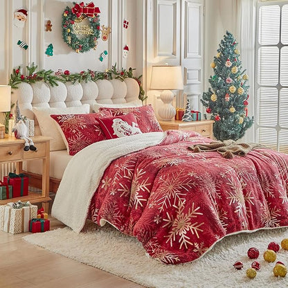 Christmas Sherpa Comforter Set Twin Size 3 Pieces Holiday Red Winter Bedding Microfiber Warm Fleece Comforter with 2 Pillow Shams - Thanksgiving New Year Gift Choice with Gradient Golden Snowflake