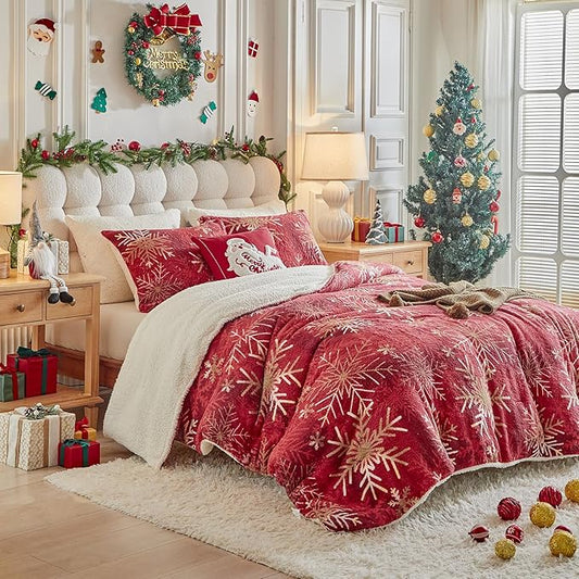 Christmas Sherpa Comforter Set Twin Size 3 Pieces Holiday Red Winter Bedding Microfiber Warm Fleece Comforter with 2 Pillow Shams - Thanksgiving New Year Gift Choice with Gradient Golden Snowflake