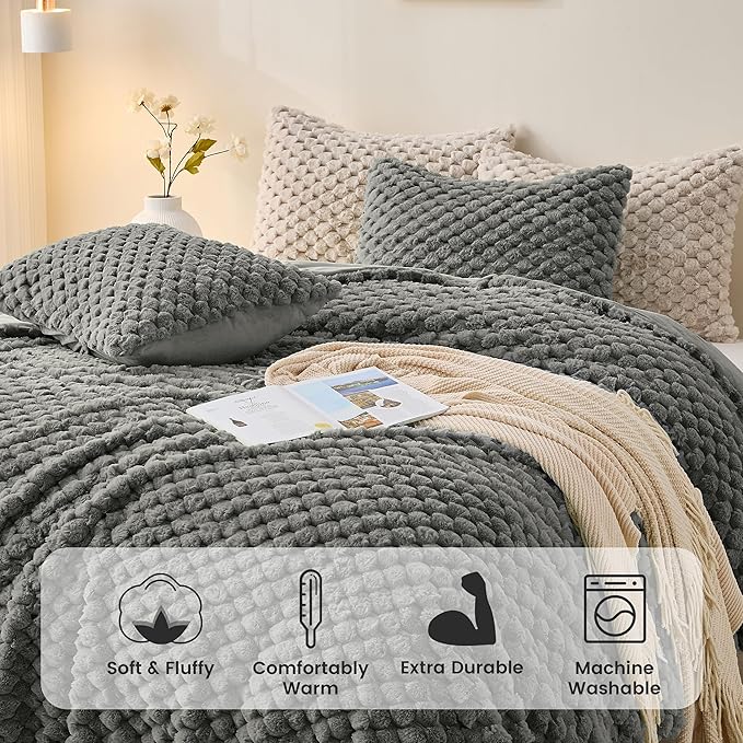 Simple&Opulence Fluffy Faux Fur Comforter Set, Plush Fuzzy Minky Bedding Set, 3 Pieces Warm Soft Comforter Bedding Set for Winter - 1 Shaggy Comforter with 2 Pillow Shams(King, Grid - Dark Grey)