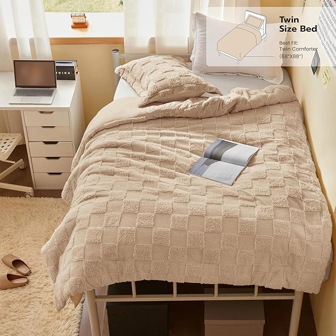 Joiedomi Tufted Twin Comforter Set, 2 Pieces Brown Boho Twin Bedding Set with 1 Plaid Geometric Comforter and 1 Pillow Sham, Checkered Bed in a Bag for All Seasons