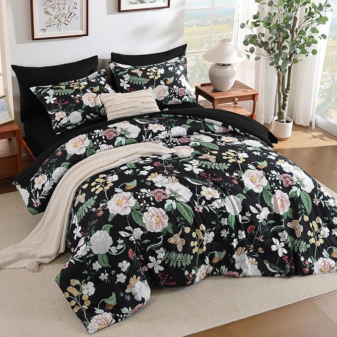 Anibedding 7Pieces Floral Queen Size Comforter Set, Garden Plant Flower Style Bed in a Bag Black White Bedding Comforter Set with Pillow Case for Bedroom