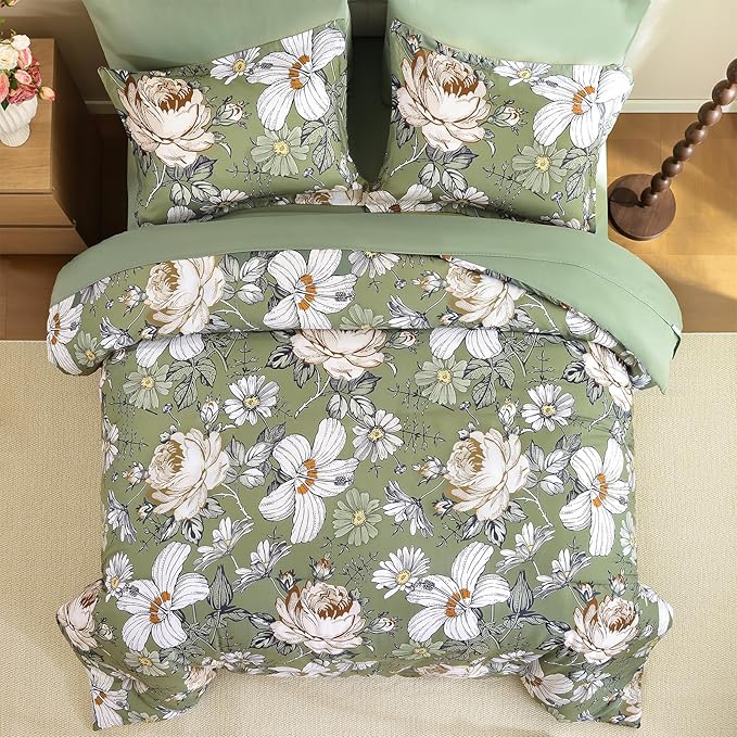 Luxudecor Queen Comforter Set 7 Pieces Bedding Sets,Olive Green Floral Comforter and Sheet Set,Soft Microfiber Bed in a Bag for All Seasons (Olive Green,90"x90")