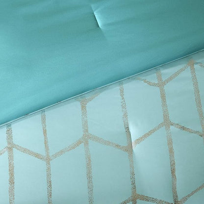 Intelligent Design Raina King / Cal King Comforter Set, Soft Microfiber Comforter Set King, Modern Geometric Metallic Bed Set, 5 Pieces College Bedding Comforter Set with 2 Shams, 2 Toss Pillows Aqua