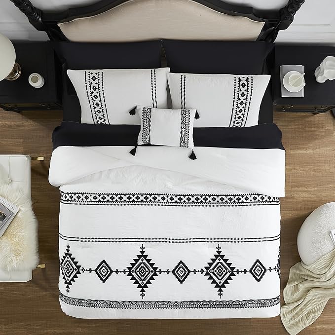 MaiRêve Embroidery Comforter Set, Boho Farmhouse Western Bedding Set, All Season Bed in A Bag Comforter Set with Sheets, Pillowcases & Shams, White California King 7 Pieces