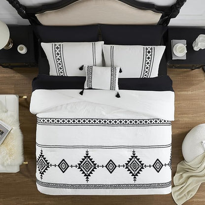 MaiRêve Embroidery Comforter Set King Size 7 Pieces, Boho Farmhouse Western Bedding All Season Bed in A Bag, White Black King Comforter Set with Sheets, Pillowcases & Shams