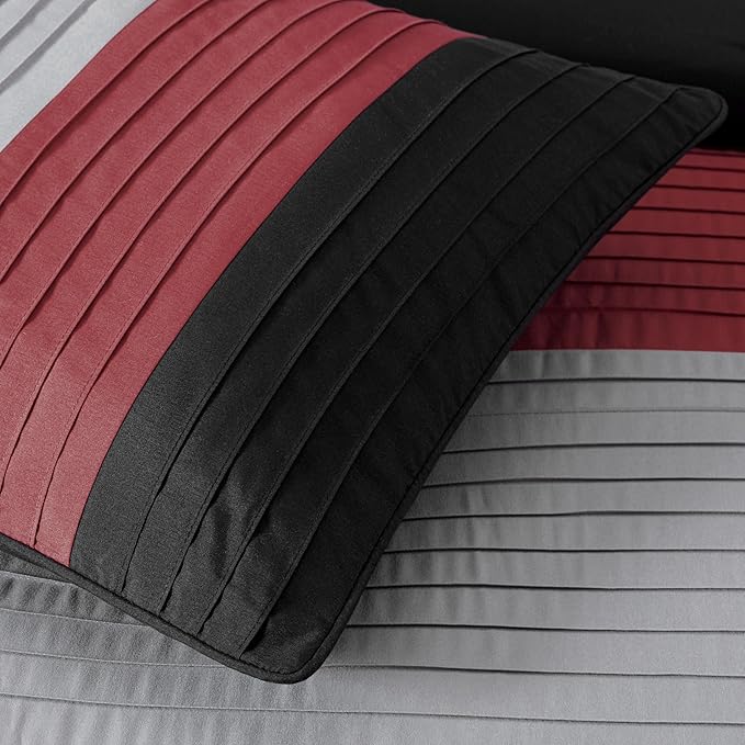 Chezmoi Collection Briar 7-Piece King Bed in a Bag - All Season Lightweight Microfiber Comforter Set - Includes Sheets & Shams - Red/Black/Gray Pleated Stripe Design