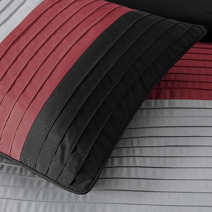 Chezmoi Collection Briar 7-Piece California King Bed in a Bag - All Season Lightweight Microfiber Comforter Set - Includes Sheets & Shams - Red/Black/Gray Pleated Stripe Design