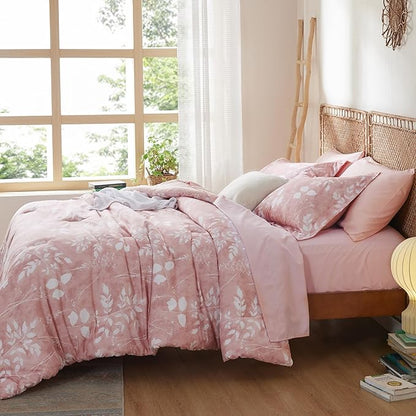 Bedsure King Size Comforter Set - 7 Pieces Floral Pink Soft Bedding Sets, King Bed in a Bag with Botanical Flowers Comforter, Sheets, Pillowcases & Shams