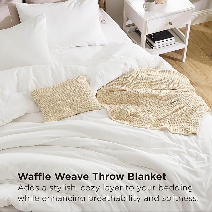 Bedsure 5 Pieces Cotton Comforter Set with Waffle Throw Blanket - Soft Breathable Bedding Set for All Seasons, White Queen Comforter, Pillow Shams, Beige 100% Cotton Blanket, Throw Pillow