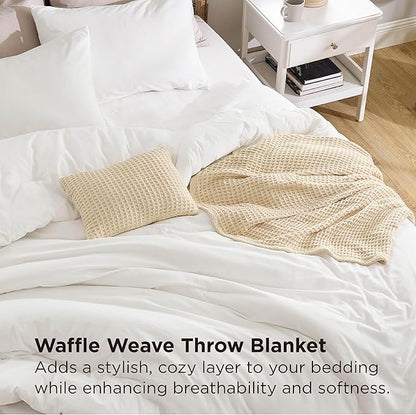 Bedsure 5 Pieces Cotton Comforter Set with Waffle Throw Blanket - Soft Breathable Bedding Set for All Seasons, White Queen Comforter, Pillow Shams, Beige 100% Cotton Blanket, Throw Pillow