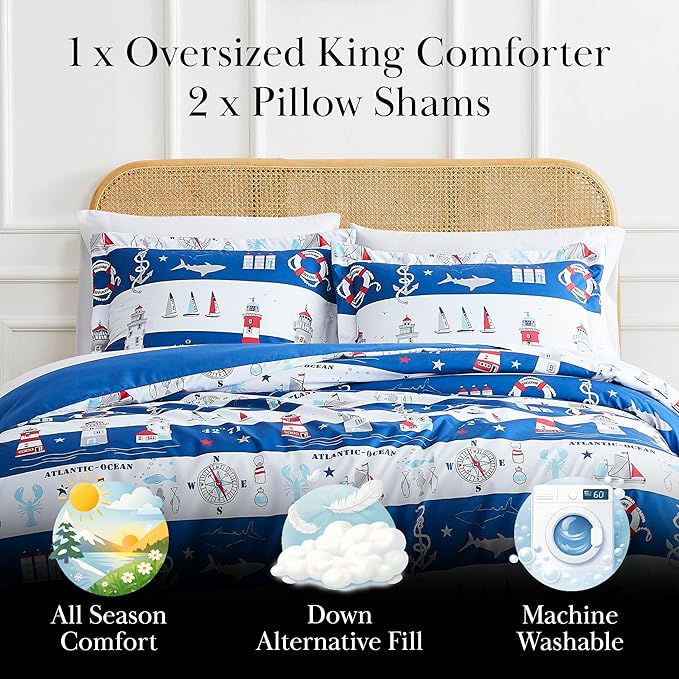 Southshore Fine Living, Inc. 3-Piece California King Size Comforter Set with 2 Pillow Shams, Down Alternative, Cozy Microfiber, Soft Coverlet, Bed Set King/California Size, Reversible Atlantic Blue