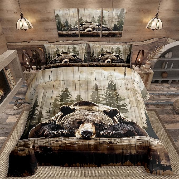 Feelyou Grizzly Bear Comforter Set Full Size, Wild Animal Hunting Quilt Set with 2 Pillowcases, Western Cabin Bedding Set 3pcs for Kids Boys Teens Room Decor, Rustic Country Farmhouse Duvet Insert