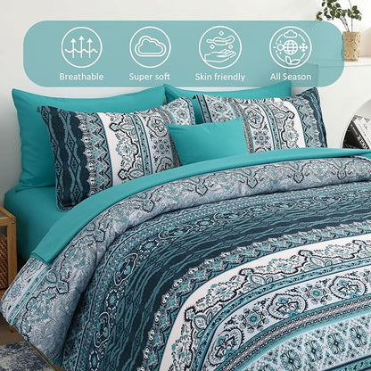 Cottolester Boho Full Size Comforter Set 8 Pieces, Teal Comforter Bohemian Striped Bed in A Bag, Soft Microfiber Bedding Set for All Seasons
