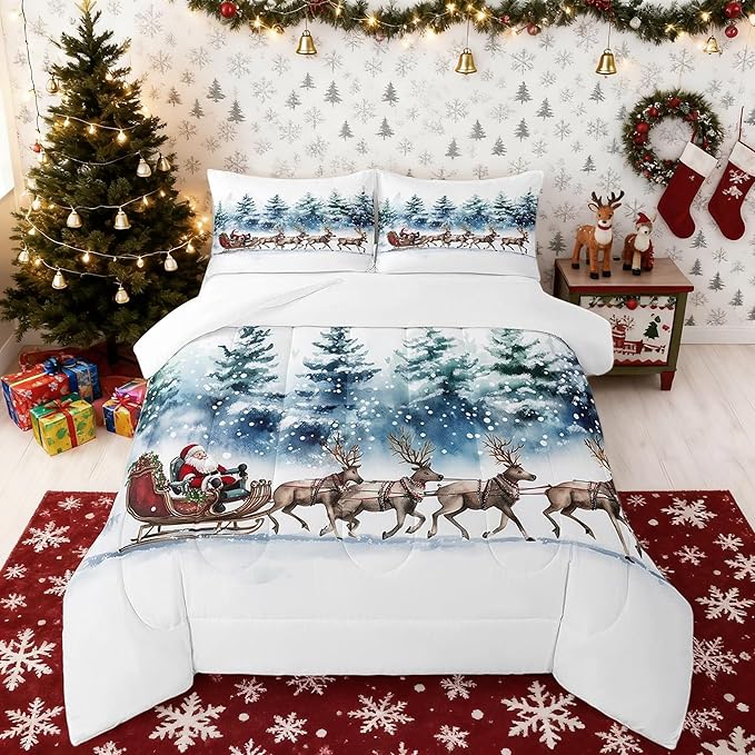 Santa Claus Comforter Set Queen Size,Elk Sledge Bedding Set 3Pcs for Kids Boys Girls Teens Room Decor,Pine Tree Jungle Quilt Set Winter Snowflake Blue White Duvet Insert,2 Pillowcases