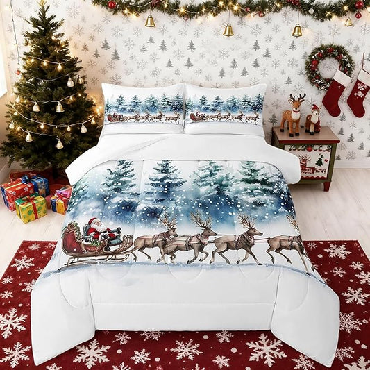 Santa Claus Comforter Set Queen Size,Elk Sledge Bedding Set 3Pcs for Kids Boys Girls Teens Room Decor,Pine Tree Jungle Quilt Set Winter Snowflake Blue White Duvet Insert,2 Pillowcases